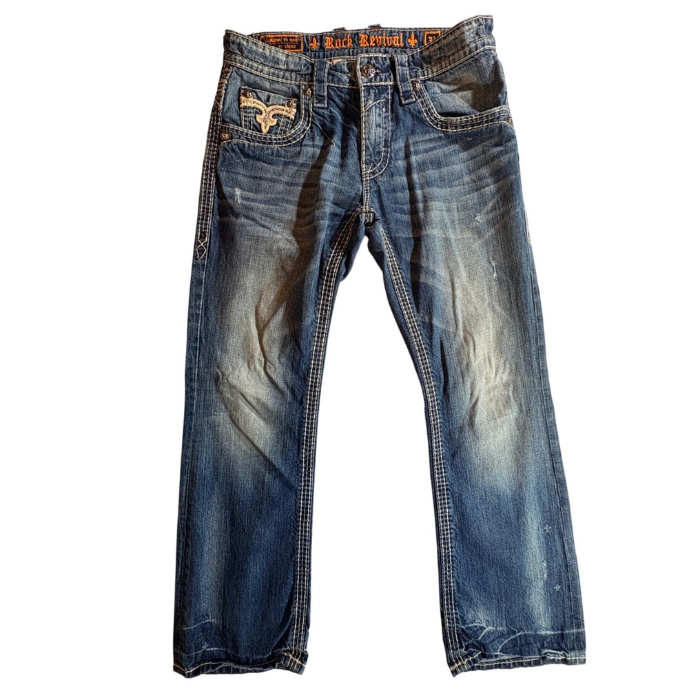 Rock Revival Floyd Bootcut Jeans Mens 31 Blue Denim Thick Stitch Embroidered